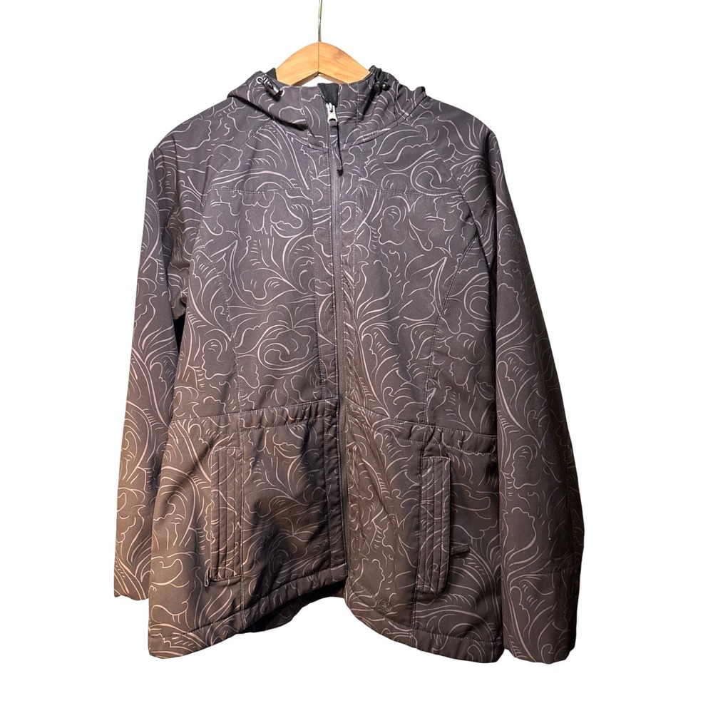 Free Country Softshell Jacket Womens L Grey Swirl Excellent Fleece Lined Hooded